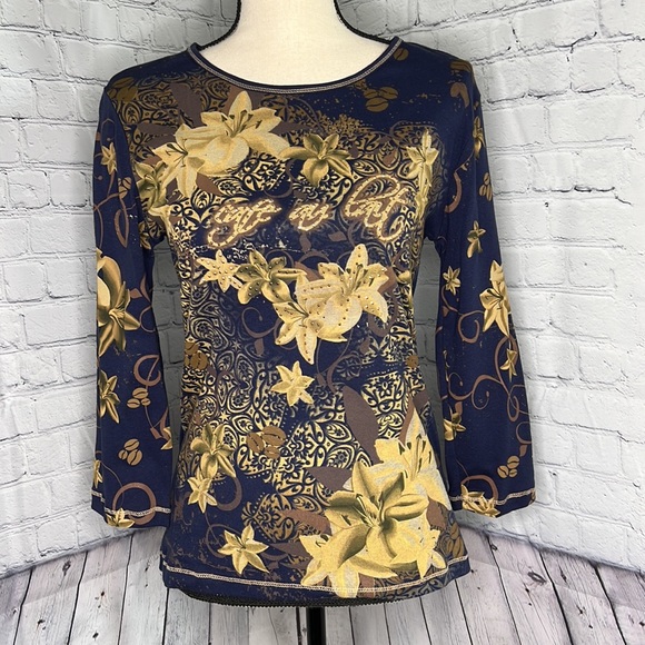Vintage Suzie dark blue and gold embellished top with Flowers - Picture 3 of 7
